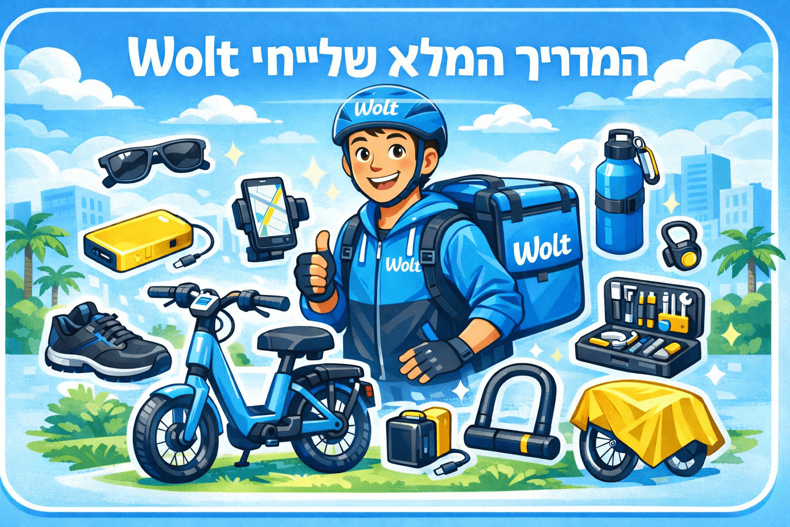 מדריך ציוד לשליח Wolt - שליח עם תיק משלוחים כחול, אופניים חשמליות, מטען נייד, מחזיק טלפון, בקבוק מים, מנעול, קסדה, משקפי שמש, ערכת תיקון, נעליים וכל הציוד הנדרש