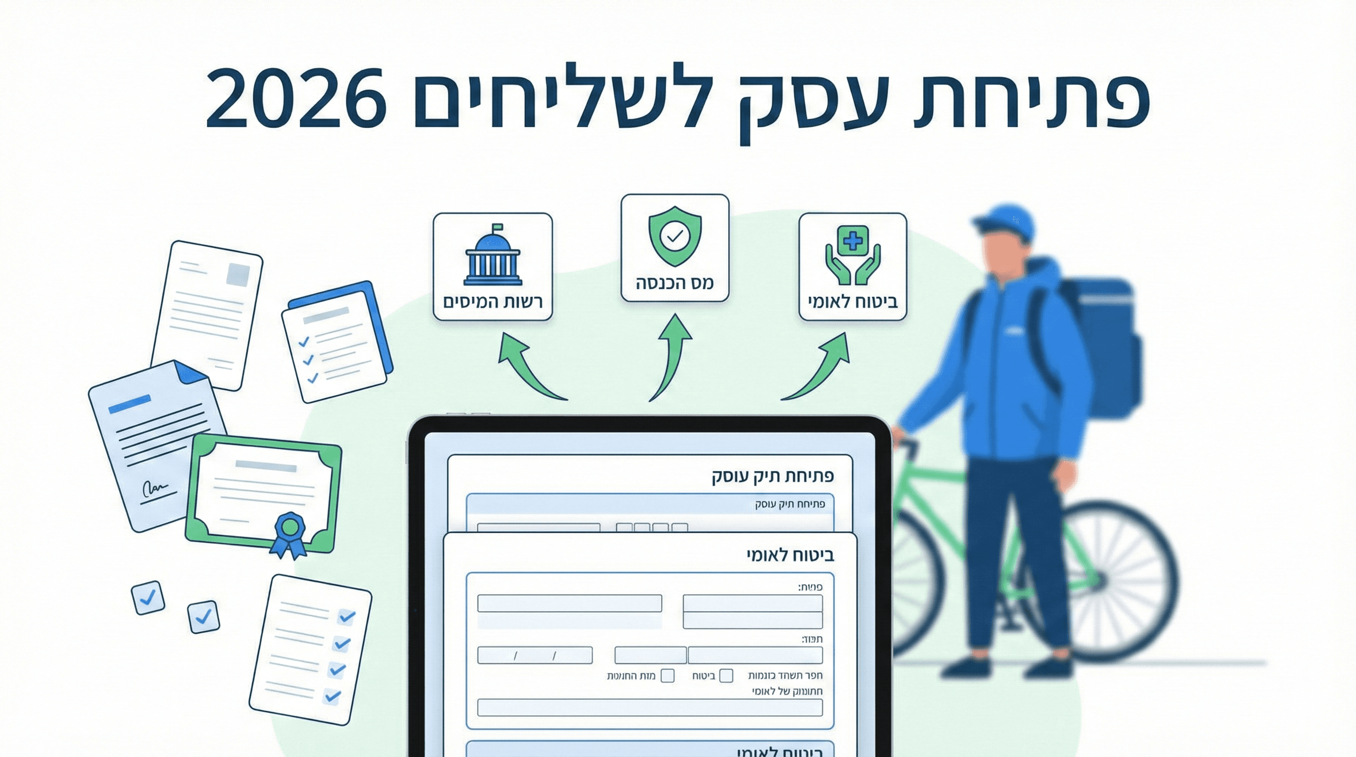 מדריך פתיחת עסק לשליחים 2026 - תהליך מול רשות המיסים, מס הכנסה וביטוח לאומי עם מסמכים וטפסים
